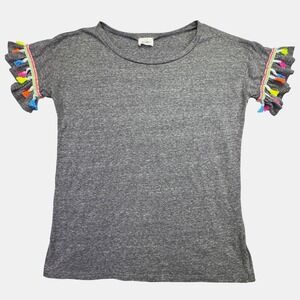 BiBi Shirt Women's Medium Tassel Sleeve Tunic Top Gray Casual Short Sleeve